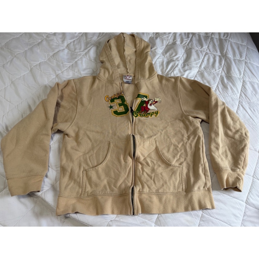 Disney Store Kids Certified Grumpy Zip Up Hoodie Tan Beige Fleece Sweatshirt L
